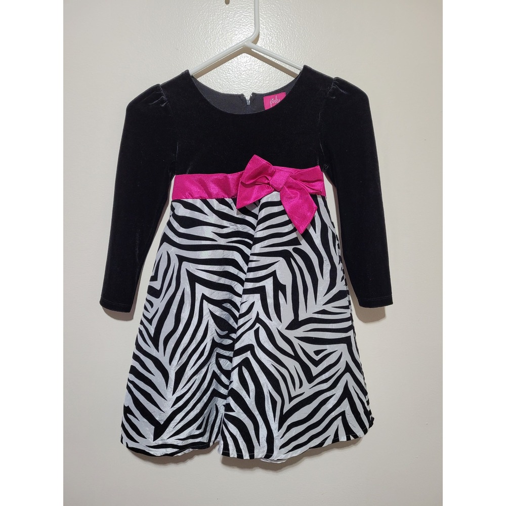 Pinky Zebra Print Dress Kids 6 Black White Pink Velvet Satin